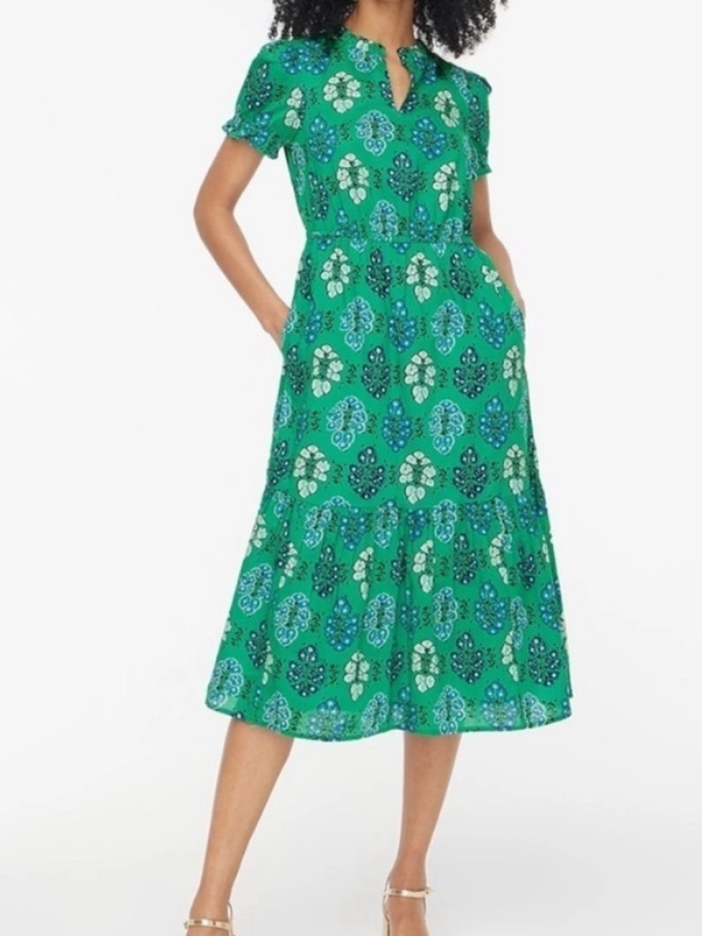 J. Crew Green Floral Short-Sleeve Midi Dress 4 - Picture 3 of 16